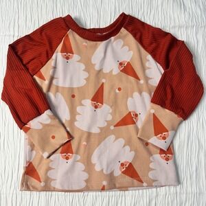 Handmade Whimsical Santa Claus Print Long Sleeve‎ Shirt Ribbed Red Tan Girls 6/7